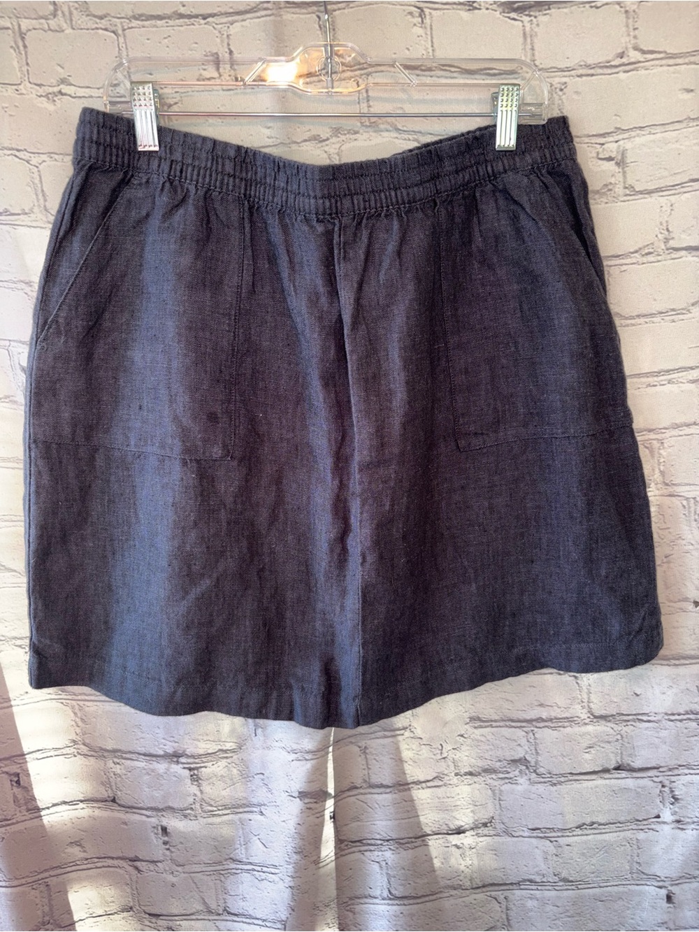Garnet Hill Navy Coastal Linen Skirt Elastic Waist Size 16 Casual Pockets